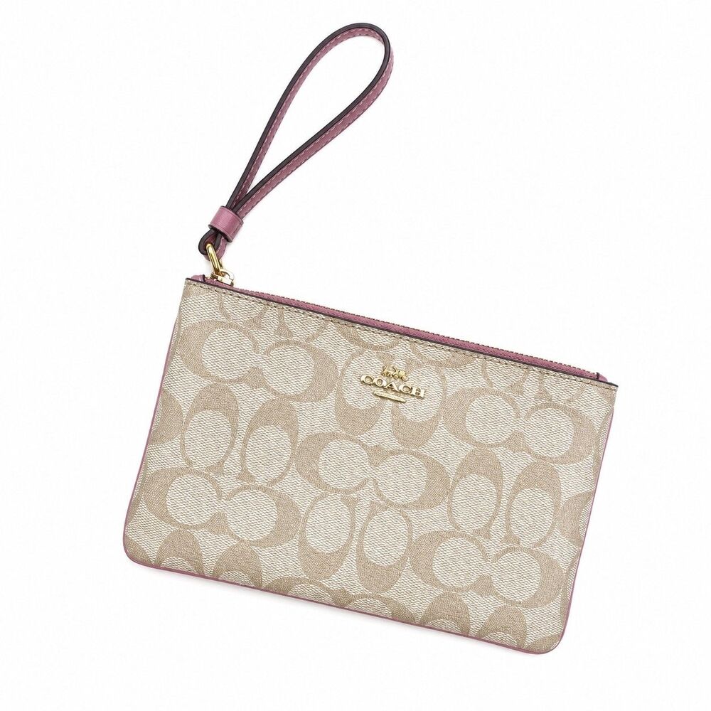 COACH Large Corner Zip Wristlet Signature Canvas Sand Peony Pink Khaki Wallet